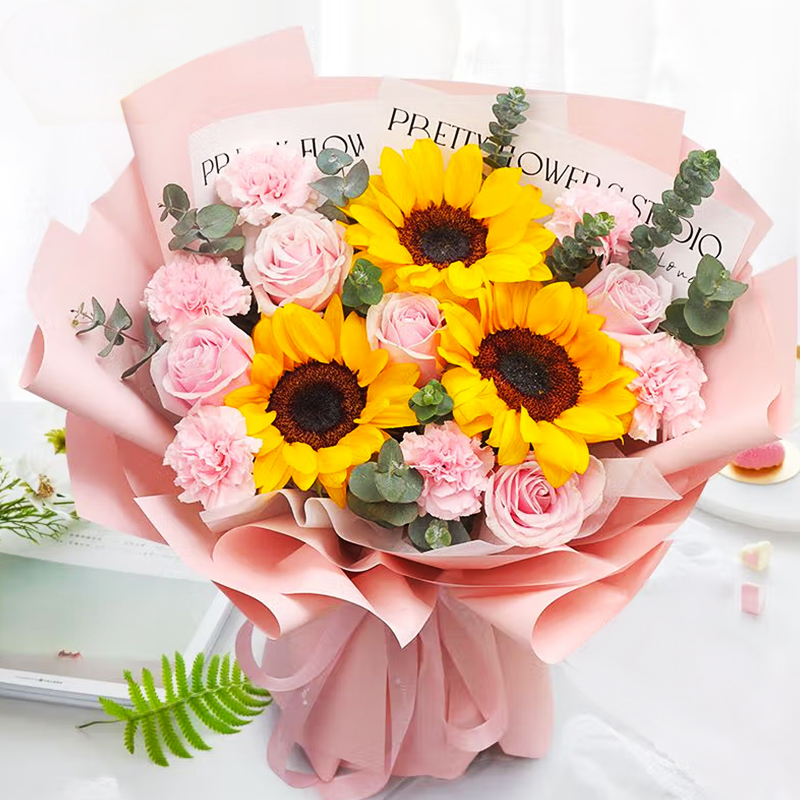 【前程似錦】台灣同城配送向日葵花束成人畢業禮鮮花生日花束送女士媽媽向日葵玫瑰混搭花束