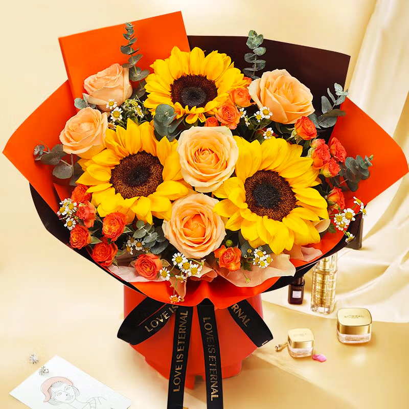 【前程似錦】台灣同城配送向日葵花束成人畢業禮鮮花生日花束送女士媽媽向日葵玫瑰混搭花束