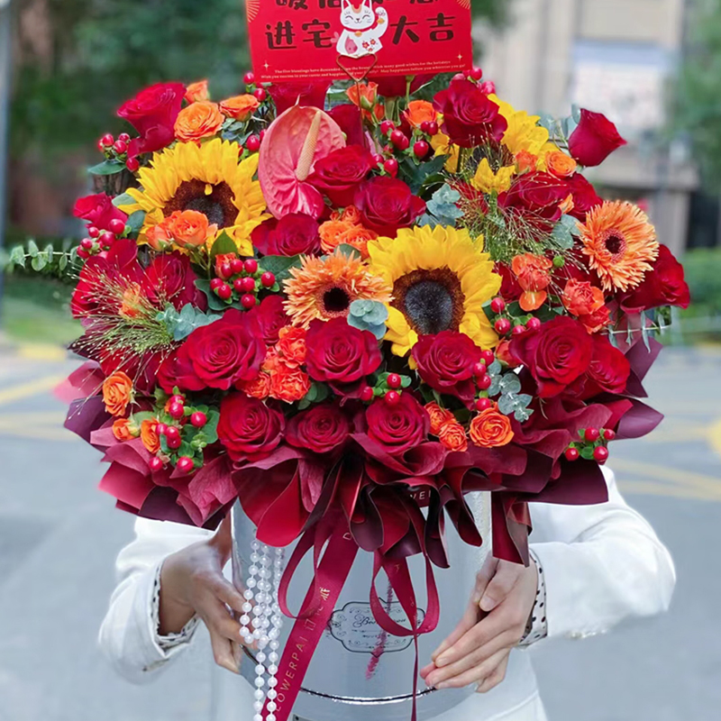 【百年好合】台灣同城配送鮮花速遞粉玫瑰向日葵混搭抱抱桶生日禮物